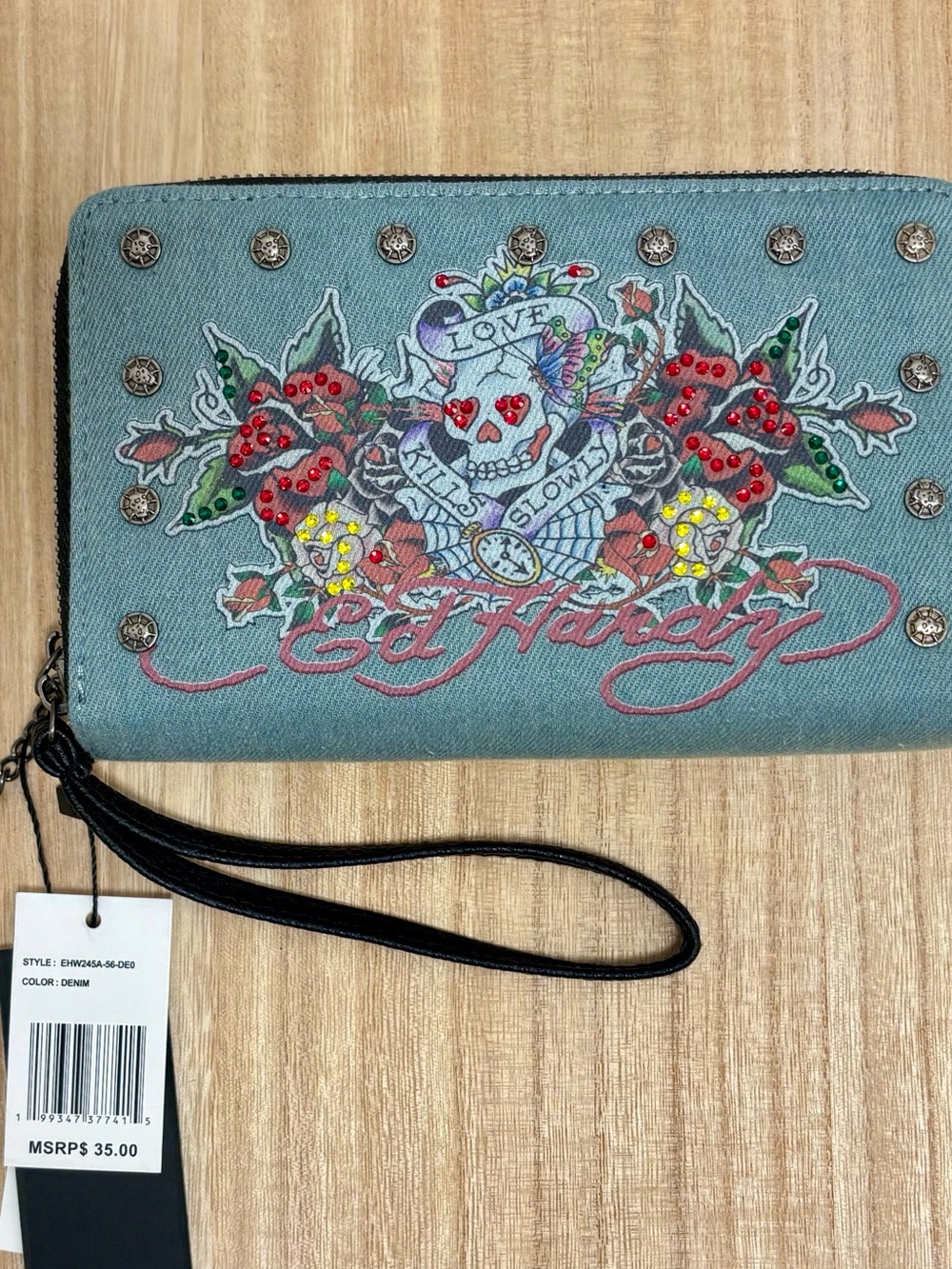 Ed Hardy Blue Denim Wristlet with Multicolor Embellished Skull